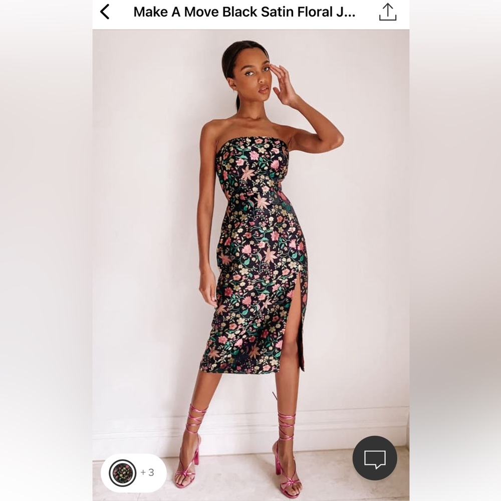 Lulus Make A Move Black Satin Floral Jacquard Strapless Midi Dress